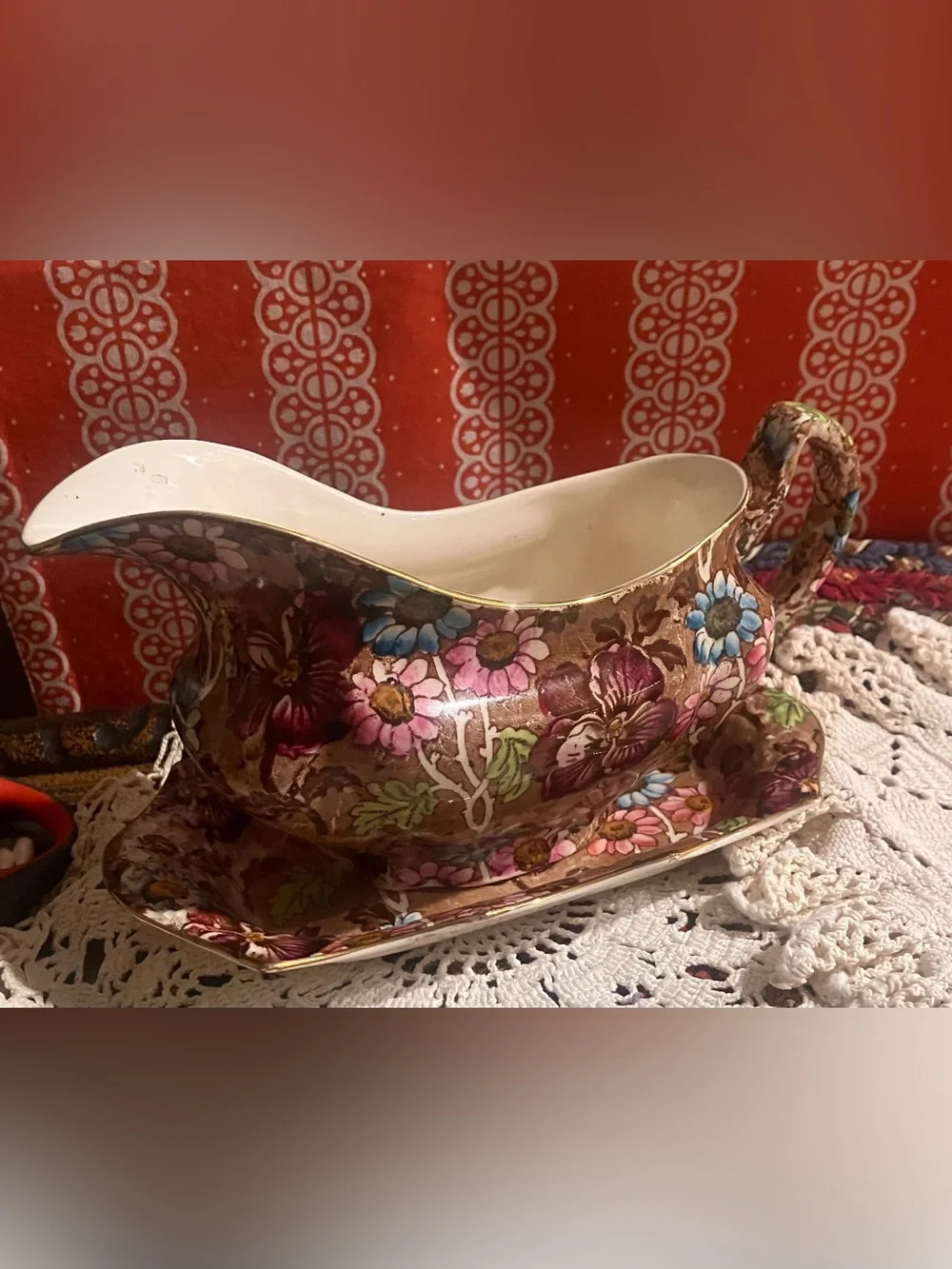 Vintage Paul's Gifts Made in Great Britain Floral Chintz Gravy Boat & Underplate